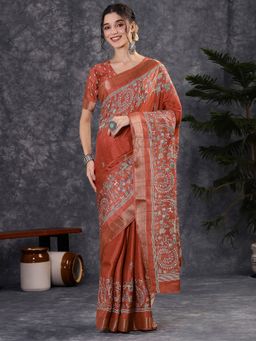 Akhilam - Women's Silk Blend Rust Printed Designer Saree with Unstitched Blouse