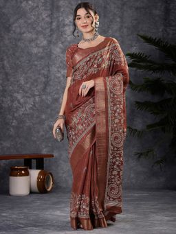 Akhilam - Women's Silk Blend Brown Printed Designer Saree with Unstitched Blouse