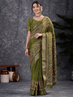 Akhilam - Women's Silk Blend Green Printed Designer Saree with Unstitched Blouse
