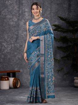 Akhilam - Women's Silk Blend Light Blue Printed Designer Saree with Unstitched Blouse