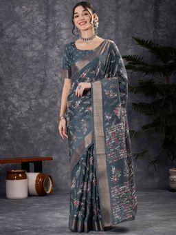 Akhilam - Women's Silk Blend Charcoal Grey Printed Saree with Unstitched Blouse