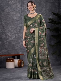 Akhilam - Women's Silk Blend Olive Printed Designer Saree with Unstitched Blouse