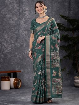 Akhilam - Women's Silk Blend Teal Green Printed Designer Saree with Unstitched Blouse