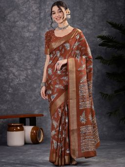 Akhilam - Women's Silk Blend Rust Printed Designer Saree with Unstitched Blouse