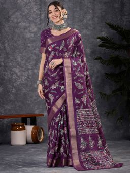 Akhilam - Women's Silk Blend Purple Printed Designer Saree with Unstitched Blouse
