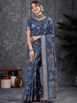 Akhilam - Women's Silk Blend Teal Blue Printed Designer Saree with Unstitched Blouse