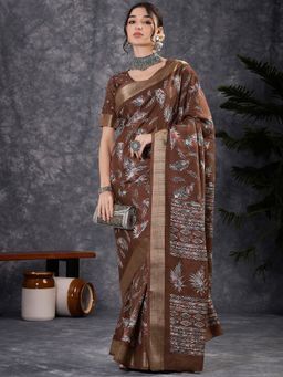 Akhilam - Women's Silk Blend Brown Printed Designer Saree with Unstitched Blouse