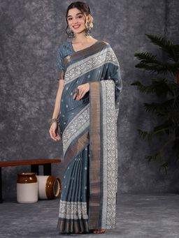 Akhilam - Women's Silk Blend Charcoal Grey Printed Saree with Unstitched Blouse