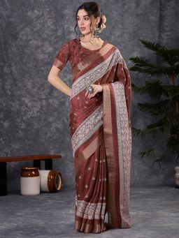 Akhilam - Women's Silk Blend Rust Printed Designer Saree with Unstitched Blouse