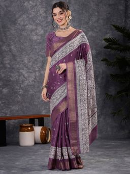 Akhilam - Women's Silk Blend Purple Printed Designer Saree with Unstitched Blouse