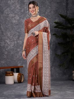 Akhilam - Women's Silk Blend Brown Printed Designer Saree with Unstitched Blouse