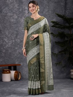 Akhilam - Women's Silk Blend Green Printed Designer Saree with Unstitched Blouse