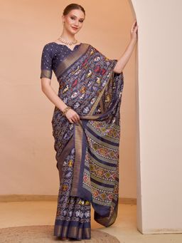 Akhilam - Women's Silk Blend Blue Printed Designer Saree with Unstitched Blouse