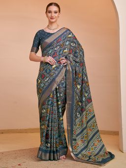 Akhilam - Women's Silk Blend Navy Blue Printed Designer Saree with Unstitched Blouse