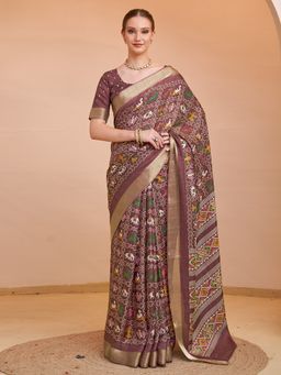 Akhilam - Women's Silk Blend Maroon Printed Designer Saree with Unstitched Blouse