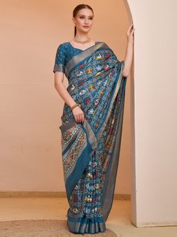 Akhilam - Women's Silk Blend Teal Blue Printed Designer Saree with Unstitched Blouse