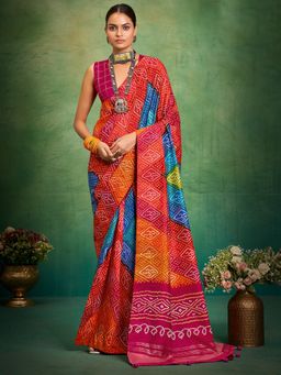 Akhilam - Women's Tussar Silk Multi-Coloured Printed Saree with Unstitched Blouse