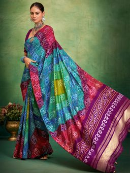Akhilam - Women's Tussar Silk Multi-Coloured Printed Saree with Unstitched Blouse