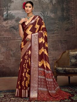 Akhilam - Women's Silk Blend Maroon Digital Print Saree with Unstitched Blouse