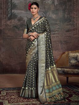 Akhilam - Women's Silk Blend Dark Green Digital Print Saree with Unstitched Blouse