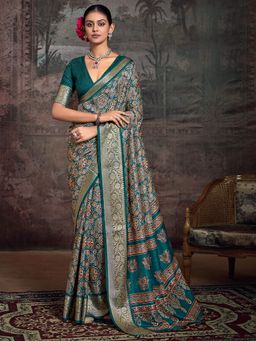 Akhilam - Women's Silk Blend Teal Green Digital Print Saree with Unstitched Blouse