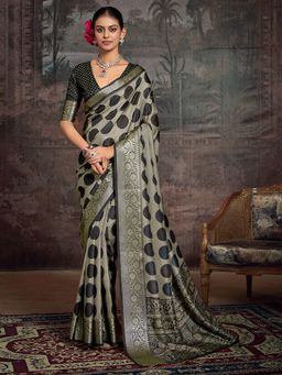 Akhilam - Women's Silk Blend Black Digital Print Designer Saree with Unstitched Blouse