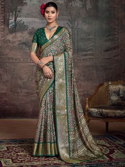 Akhilam - Women's Silk Blend Green Digital Print Designer Saree with Unstitched Blouse