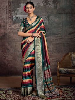 Akhilam - Women's Silk Blend Green Digital Print Designer Saree with Unstitched Blouse