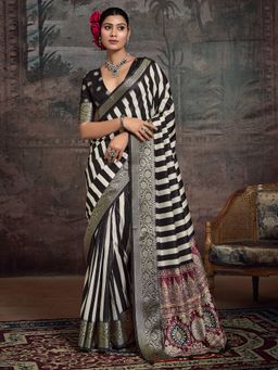 Akhilam - Women's Silk Blend Black Digital Print Designer Saree with Unstitched Blouse