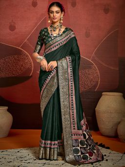 Akhilam - Women's Silk Blend Dark Green Digital Print Saree with Unstitched Blouse