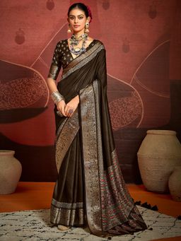 Akhilam - Women's Silk Blend Dark Brown Digital Print Saree with Unstitched Blouse