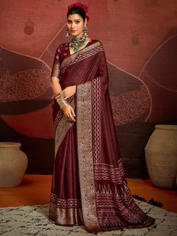 Akhilam - Women's Silk Blend Maroon Digital Print Saree with Unstitched Blouse