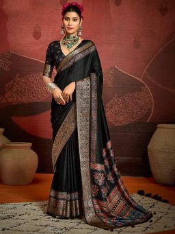 Akhilam - Women's Silk Blend Black Digital Print Designer Saree with Unstitched Blouse