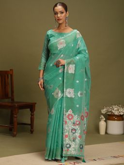 Akhilam - Women's Organza Turquoise Woven Designer Saree with Unstitched Blouse