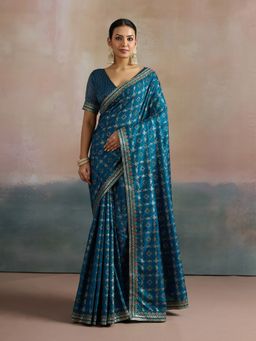 Akhilam - Women's Dola Silk Teal Blue Digital Print Saree with Unstitched Blouse