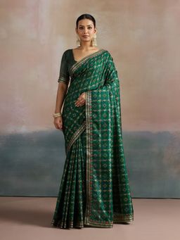 Akhilam - Women's Dola Silk Green Digital Print Designer Saree with Unstitched Blouse