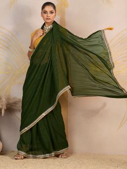 Akhilam - Women's Georgette Green Embellished Designer Saree with Unstitched Blouse