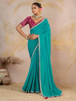 Akhilam - Women's Georgette Light Blue Embellished Saree with Unstitched Blouse