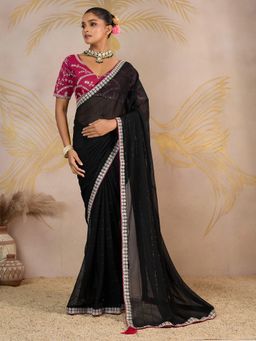 Akhilam - Women's Georgette Black Embellished Designer Saree with Unstitched Blouse