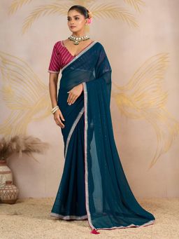 Akhilam - Women's Georgette Teal Blue Embellished Saree with Unstitched Blouse
