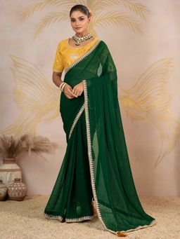 Akhilam - Women's Georgette Green Embellished Designer Saree with Unstitched Blouse
