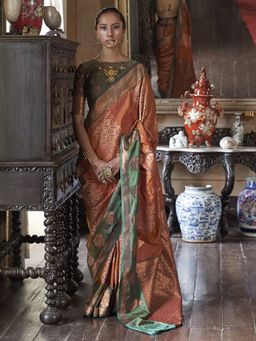 Akhilam - Women's Pure Silk Rust Woven Designer Saree with Unstitched Blouse