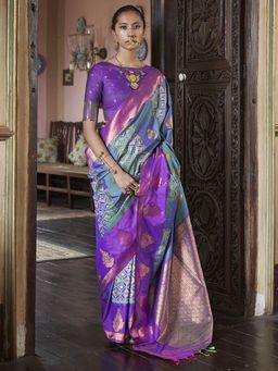 Akhilam - Women's Pure Silk Purple Woven Designer Saree with Unstitched Blouse