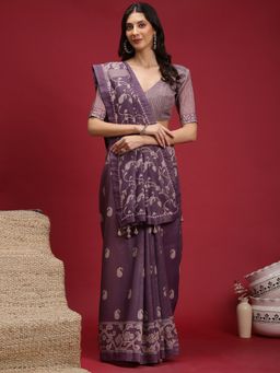 Akhilam - Women's Silk Blend Purple Digital Print Saree with Unstitched Blouse