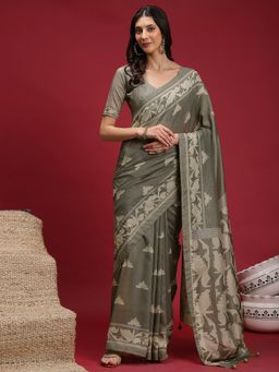 Akhilam - Women's Silk Blend Grey Digital Print Designer Saree with Unstitched Blouse
