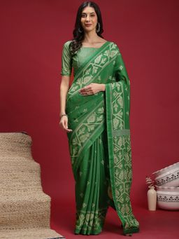 Akhilam - Women's Silk Blend Light Green Digital Print Saree with Unstitched Blouse