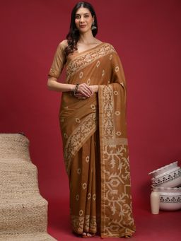 Akhilam - Women's Silk Blend Brown Digital Print Designer Saree with Unstitched Blouse