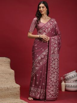 Akhilam - Women's Silk Blend Mauve Digital Print Designer Saree with Unstitched Blouse