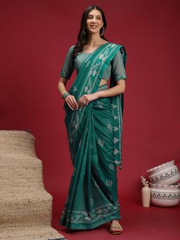 Akhilam - Women's Silk Blend Teal Green Digital Print Saree with Unstitched Blouse