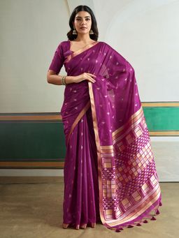 Akhilam - Women's Tussar Silk Magenta Woven Designer Saree with Unstitched Blouse